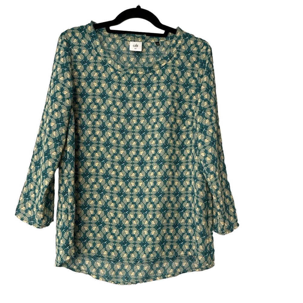 Cabi‎ Womens Blouse Size Medium Sheer Green Leaf Print High Low Hem